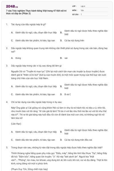 7 câu Trắc nghiệm Thực hành tiếng Việt trang 47 Kết nối tri thức có đáp án (Phần 3)