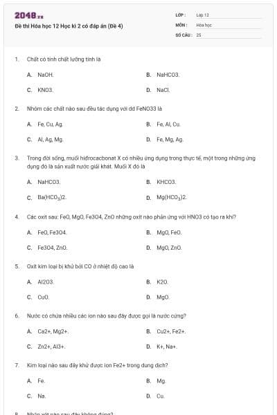 Đề thi Hóa học 12 Học kì 2 có đáp án (Đề 4)