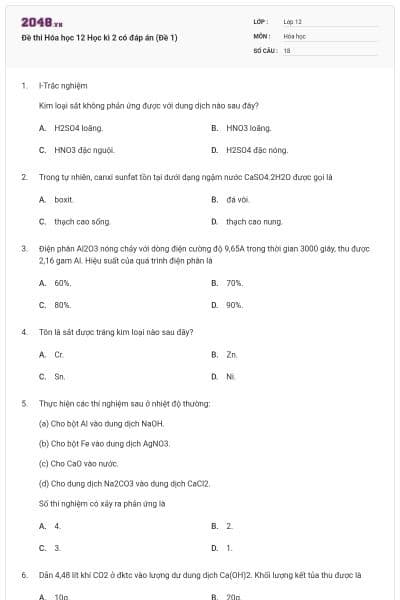 Đề thi Hóa học 12 Học kì 2 có đáp án (Đề 1)