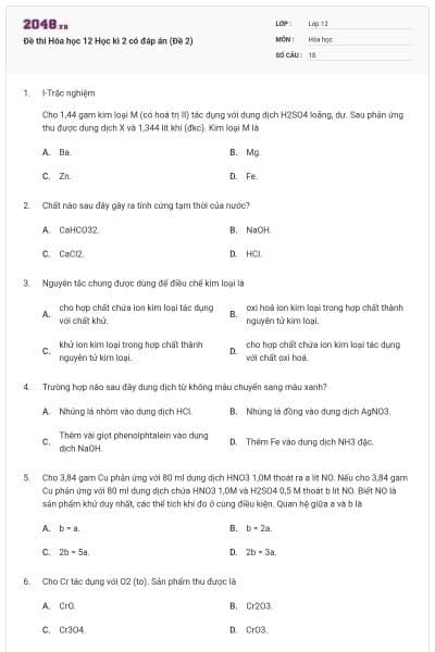 Đề thi Hóa học 12 Học kì 2 có đáp án (Đề 2)