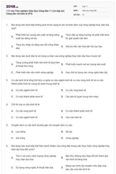 117 câu Trắc nghiệm Giáo Dục Công Dân 11 (có đáp án) Công dân với kinh tế (P4)