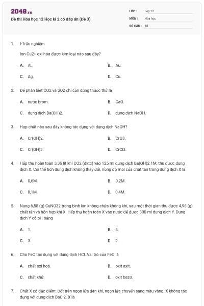 Đề thi Hóa học 12 Học kì 2 có đáp án (Đề 3)