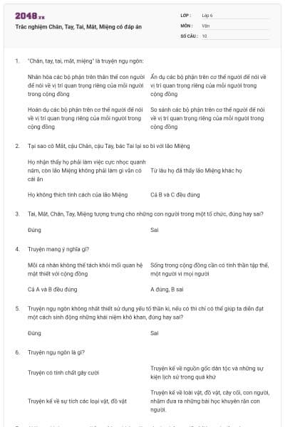 Trắc nghiệm Chân, Tay, Tai, Mắt, Miệng có đáp án