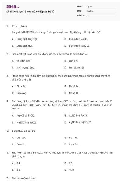 Đề thi Hóa học 12 Học kì 2 có đáp án (Đề 4)