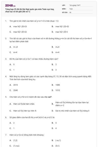 Tổng hợp 25 đề thi thử thpt quốc gia môn Toán cực hay, chọn lọc có lời giải (Đề số 1)