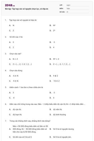 Bài tập: Tập hợp các số nguyên chọn lọc, có đáp án