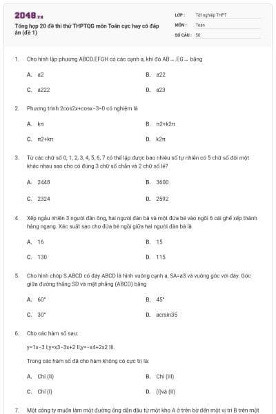 Tổng hợp 20 đề thi thử THPTQG môn Toán cực hay có đáp án (đề 1)