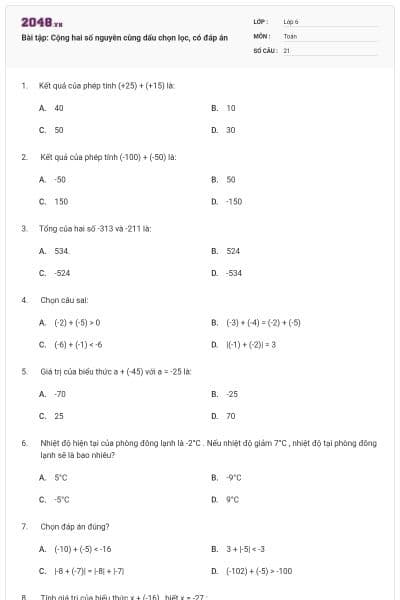 Bài tập: Cộng hai số nguyên cùng dấu chọn lọc, có đáp án