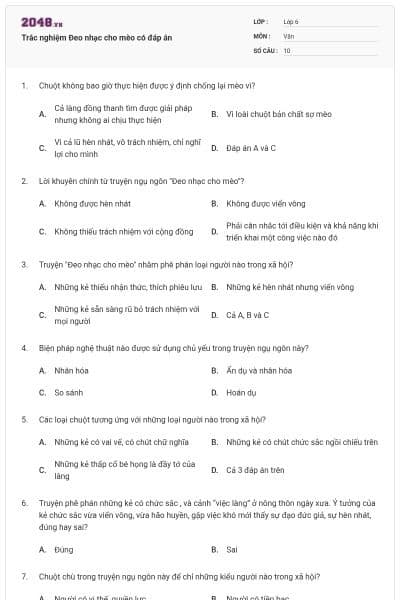 Trắc nghiệm Đeo nhạc cho mèo có đáp án