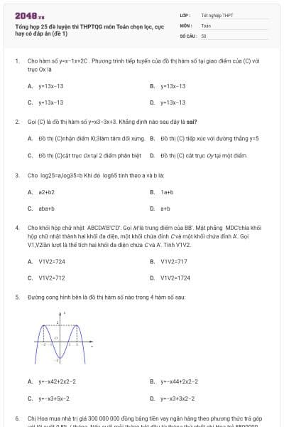 Tổng hợp 25 đề luyện thi THPTQG môn Toán chọn lọc, cực hay có đáp án (đề 1)