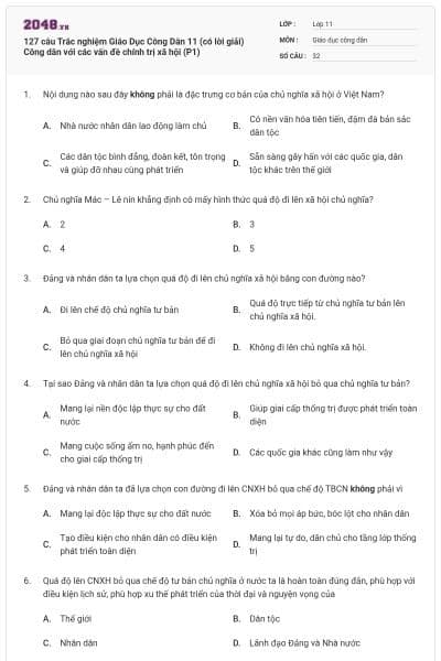 127 câu Trắc nghiệm Giáo Dục Công Dân 11 (có lời giải) Công dân với các vấn đề chính trị xã hội (P1)