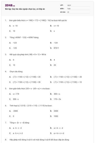 Bài tập: Quy tắc dấu ngoặc chọn lọc, có đáp án