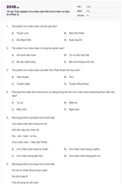 10 câu Trắc nghiệm Con chào mào Kết nối tri thức có đáp án (Phần 2)