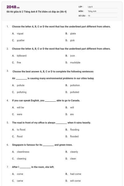 Đề thi giữa kì 2 Tiếng Anh 8 Thí điểm có đáp án (Đề 4)