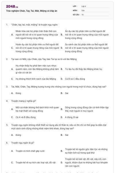 Trắc nghiệm Chân, Tay, Tai, Mắt, Miệng có đáp án