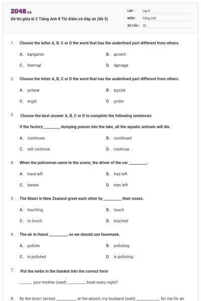 Đề thi giữa kì 2 Tiếng Anh 8 Thí điểm có đáp án (Đề 5)