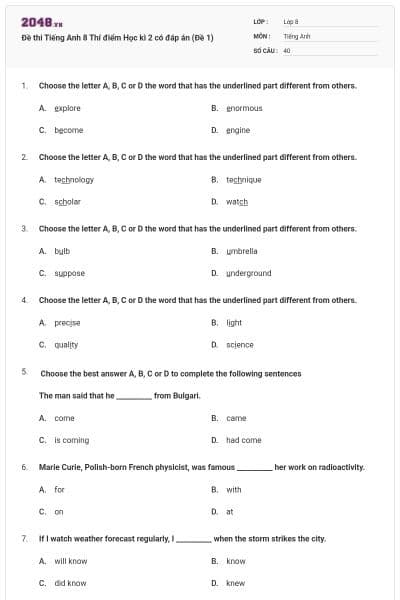 Đề thi Tiếng Anh 8 Thí điểm Học kì 2 có đáp án (Đề 1)