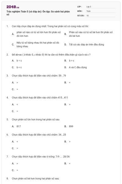 Trắc nghiệm Toán 5 (có đáp án): Ôn tập: So sánh hai phân số