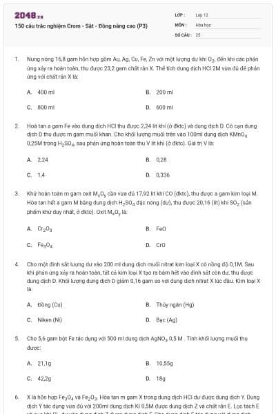 150 câu trắc nghiệm Crom - Sắt - Đồng nâng cao (P3)