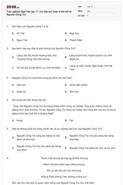 Trắc nghiệm Ngữ Văn lớp 11: (có đáp án) Tuần 4 Vài nét về Nguyễn Công Trứ