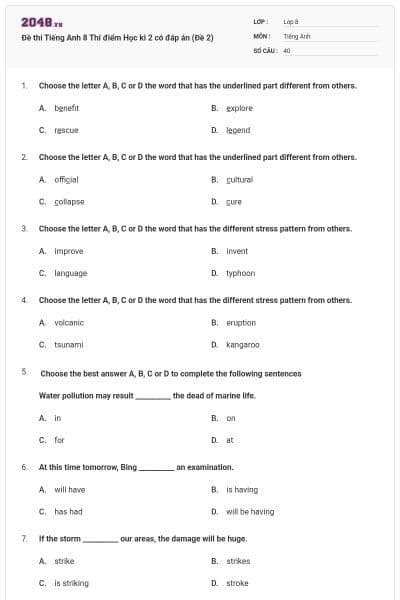 Đề thi Tiếng Anh 8 Thí điểm Học kì 2 có đáp án (Đề 2)