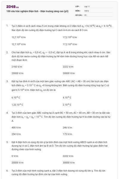 100 câu trắc nghiệm Điện tích - Điện trường nâng cao (p3)