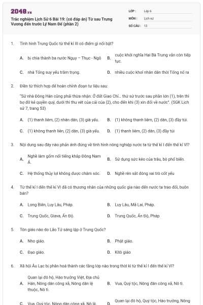 Trắc nghiệm Lịch Sử 6 Bài 19: (có đáp án) Từ sau Trưng Vương đến trước Lý Nam Đế (phần 2)