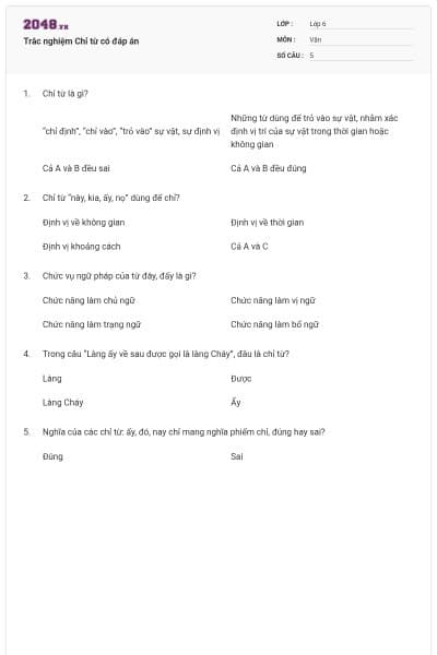 Trắc nghiệm Chỉ từ có đáp án