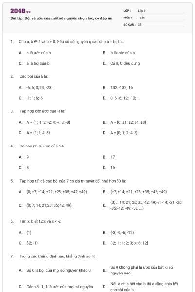 Bài tập: Bội và ước của một số nguyên chọn lọc, có đáp án