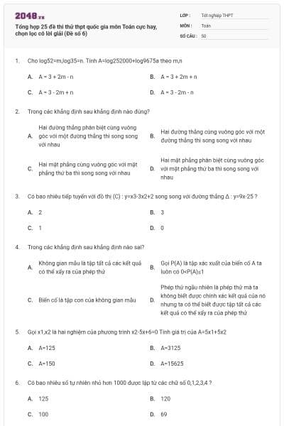 Tổng hợp 25 đề thi thử thpt quốc gia môn Toán cực hay, chọn lọc có lời giải (Đề số 6)