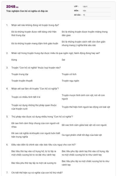 Trắc nghiệm Con hổ có nghĩa có đáp án