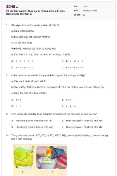 20 câu Trắc nghiệm Khoa học tự nhiên 6 Kết nối tri thức Bài 8 có đáp án (Phần 2)