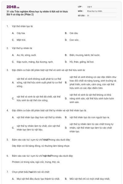 31 câu Trắc nghiệm Khoa học tự nhiên 6 Kết nối tri thức Bài 9 có đáp án (Phần 2)