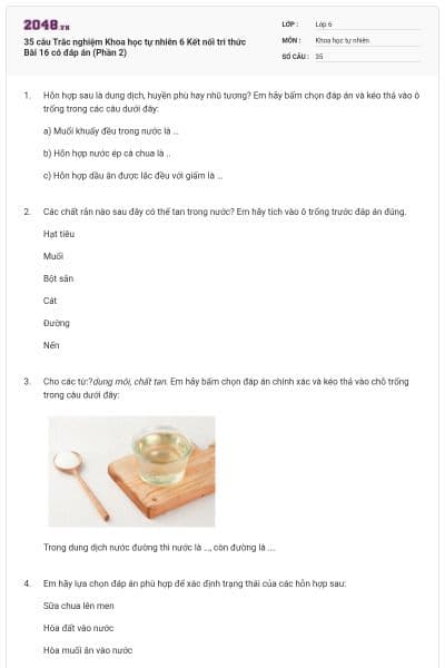 35 câu Trắc nghiệm Khoa học tự nhiên 6 Kết nối tri thức Bài 16 có đáp án (Phần 2)