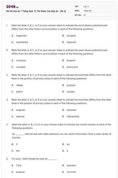 Đề thi Học kì 1 Tiếng Anh 12 Thí điểm (có đáp án - Đề 2)