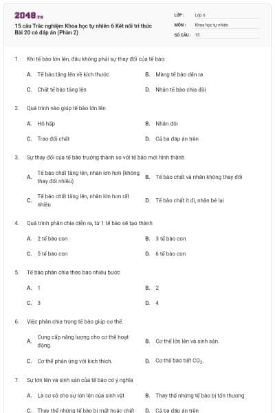 15 câu Trắc nghiệm Khoa học tự nhiên 6 Kết nối tri thức Bài 20 có đáp án (Phần 2)