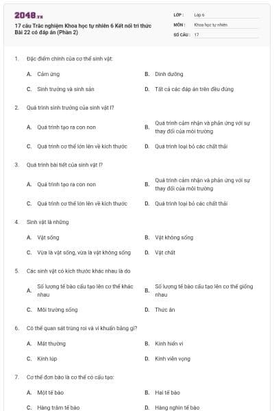 17 câu Trắc nghiệm Khoa học tự nhiên 6 Kết nối tri thức Bài 22 có đáp án (Phần 2)