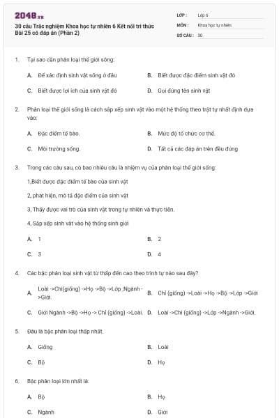 30 câu Trắc nghiệm Khoa học tự nhiên 6 Kết nối tri thức Bài 25 có đáp án (Phần 2)