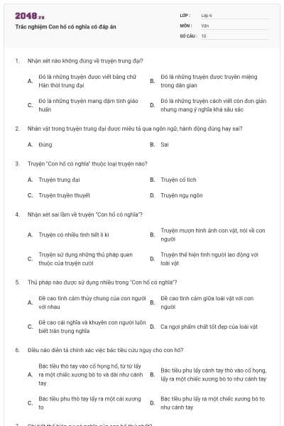 Trắc nghiệm Con hổ có nghĩa có đáp án