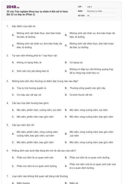 35 câu Trắc nghiệm Khoa học tự nhiên 6 Kết nối tri thức Bài 32 có đáp án (Phần 2)