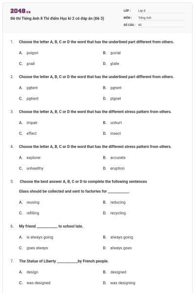 Đề thi Tiếng Anh 8 Thí điểm Học kì 2 có đáp án (Đề 3)