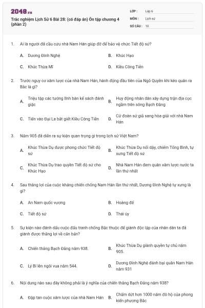 Trắc nghiệm Lịch Sử 6 Bài 28: (có đáp án) Ôn tập chương 4 (phần 2)