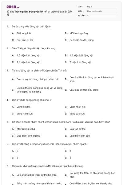 17 câu Trắc nghiệm Động vật Kết nối tri thức có đáp án (Đề 1)