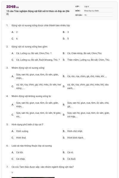 15 câu Trắc nghiệm Động vật Kết nối tri thức có đáp án (Đề 2)