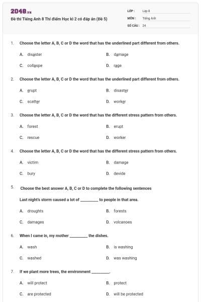 Đề thi Tiếng Anh 8 Thí điểm Học kì 2 có đáp án (Đề 5)