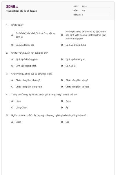 Trắc nghiệm Chỉ từ có đáp án