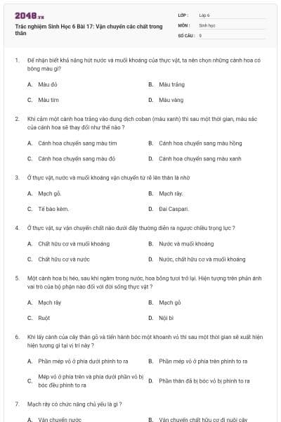 Trắc nghiệm Sinh Học 6 Bài 17: Vận chuyển các chất trong thân