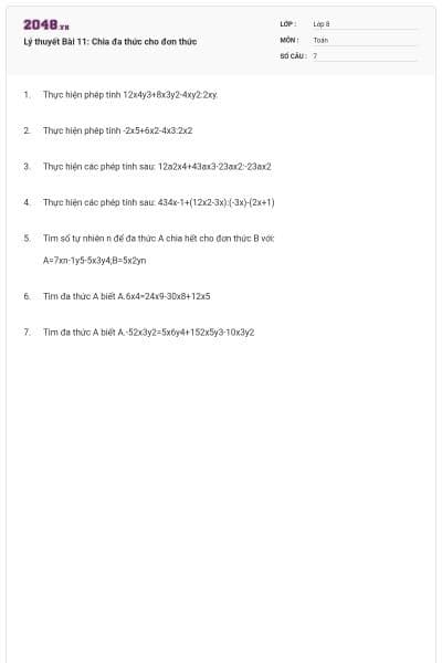 Lý thuyết Bài 11: Chia đa thức cho đơn thức