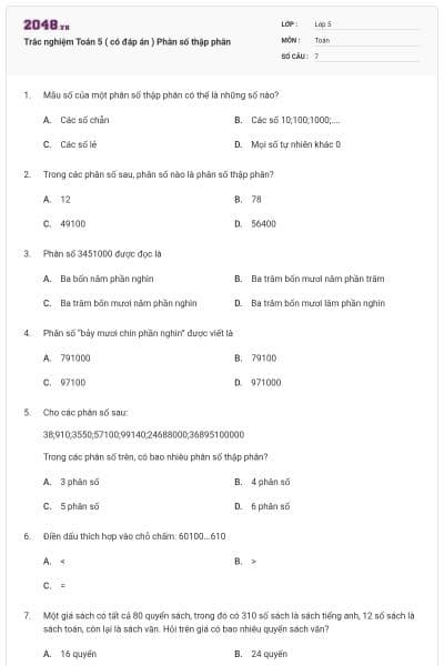 Trắc nghiệm Toán 5 ( có đáp án ) Phân số thập phân