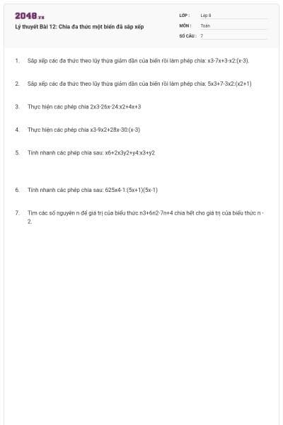 Lý thuyết Bài 12: Chia đa thức một biến đã sắp xếp